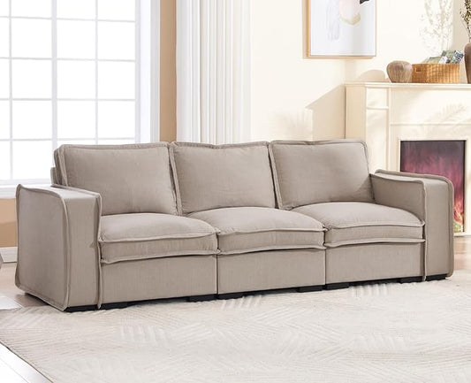 EALSON 93" Modular Sectional Sofa Modern Comfy 3-Seater Couch Sofa Linen Fabric Upholstered Cloud Couches with 24" Deep Seat and Wooden Legs for Bedroom/Living Room/Office, Oatmeal