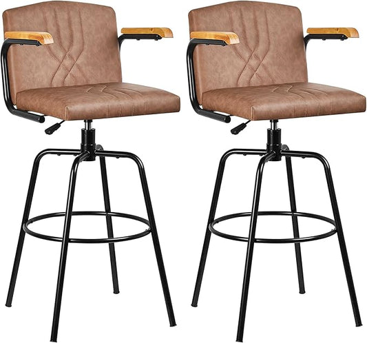 VECELO Bar Stools Set of 2, Swivel Faux Leather Bar Stools with Backs and Footrest, for Kitchen Islands, Dining Counters, Home Bars, Brown