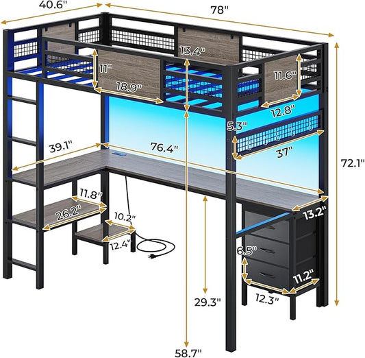 ADORNEVE Loft Bed Twin Size with L-Shaped Desk, LED Lights,Charging Station, Twin Metal Loft Bed Frame with Fabric Drawers & Shelve, 13.4" H Safety Guardrail, No Box Spring Needed, Grey