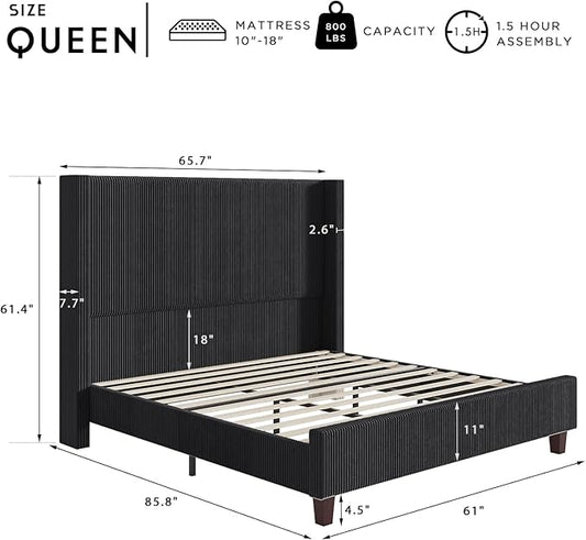 HOWE Queen Size 61" Corduroy Upholstered Bed Frame, Platform Bed with Vertical Stripe Wingback Headboard, No Box Spring Needed/Noise Free/Solid Wood Slats/Black