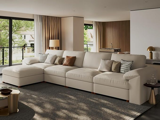 EASE MOOSE Oversized Modular Sectional Sofa,Leather Sectional Couch with Deep Seat,Extra Large L Shaped Couch,Modern Comfy Scratch Resistant Faux Leather Material Sofa,Beige