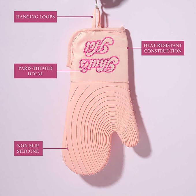Paris Hilton Oven Mitt Set with Iconic That's HOT Design, Heat Resistant Pot Holders Featuring Non-Slip Textured Silicone Grips, 2-Piece Set, Pink