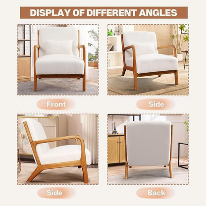Accent Chair Mid Century Modern Chair Sherpa Fabric Living Room Chairs with Solid Wood Frame Comfy Upholstered and Lumbar Pillow Reading Side Chair Easy Assembly for Bedroom (1, White)