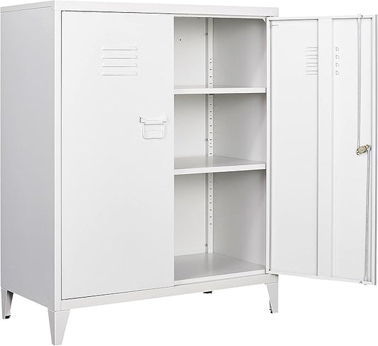 SISESOL White Metal Cabinet with Doors and Shelves,40" Metal Storage Cabinet with Lock Door Adjustable Shelf,File Cabinets for Home Office,School,Kitchen,Garage Storage Tool Cabinets