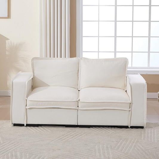 Modern Sectional Sofa for Living Room, Upholstered 2-Seater Modular Couches Linen Fabric Love Seat for Home Furniture, White