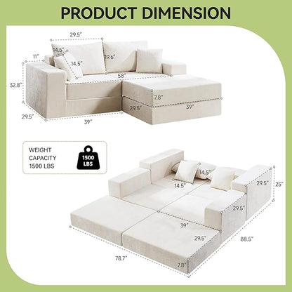 79" Boneless Loveseat Sofa Couch, Modular Foldable Floor Cloud Sofa with Ottoman, Lounge Convertible Sofa Bed for Living Room, No Assembly, Chenille Beige
