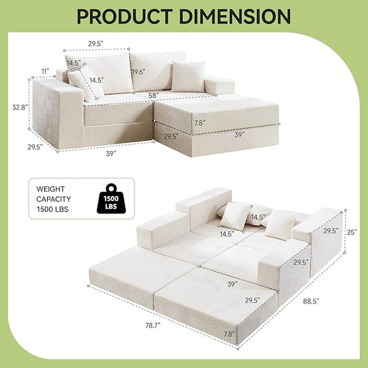 79" Boneless Loveseat Sofa Couch, Modular Foldable Floor Cloud Sofa with Ottoman, Lounge Convertible Sofa Bed for Living Room, No Assembly, Chenille Beige