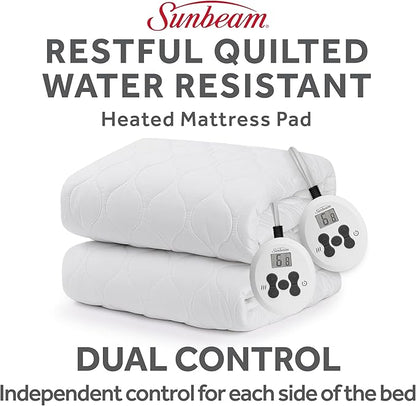 Sunbeam Electric Premium Water Resistant Restful Quilted Heated Mattress Pad, 12 Heat Settings, 12-Hour Selectable Auto Shut-Off, Fast Heating, Cozy Warming Bed, Queen, 60" x 80"