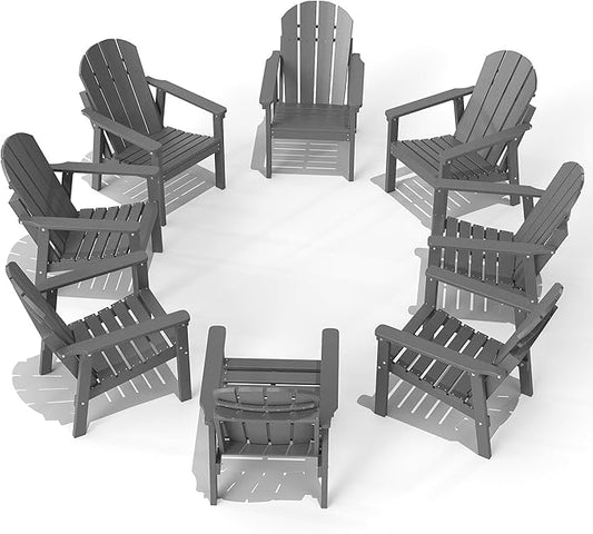 Adirondack Chair Set of 8, All Weather HDPE Fire Pit Chairs, Oversized Plastic Adirondack Chair for Outdoor, Balcony, Deck, Backyard, Patio, Garden, Poolside, Lawn Grey