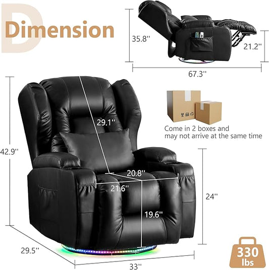 Power Swivel Rocker Recliner Chairs, Electric Wall Hugger Reclining Sofa with Massage & Heat, Comfy Theater Seating Single Chair with LED Light/USB/Type-C Ports (Leather Black, Set of 2)