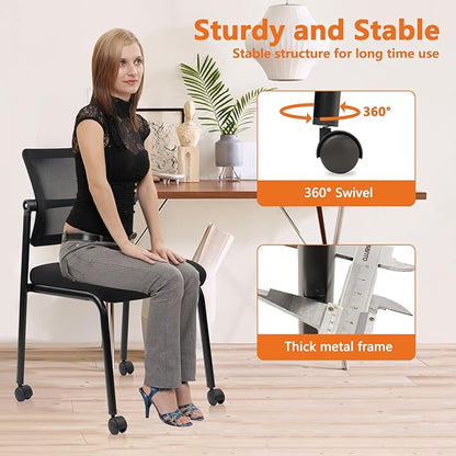 CLATINA Stacking Armless Office Guest Chair with Wheels, Stackable Mesh Waiting Room Reception Desk Chairs with Adjustable Backrest for Conference Lobby Side School, Black