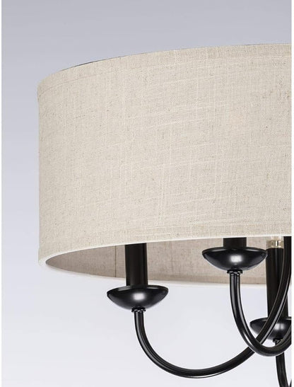 Progress Lighting Drum Shade Collection Five-Light Chandelier, Farmhouse Style Hanging Ceiling Light Fixture for Dining Rooms, Foyers, Harvest Linen Shade, Matte Black