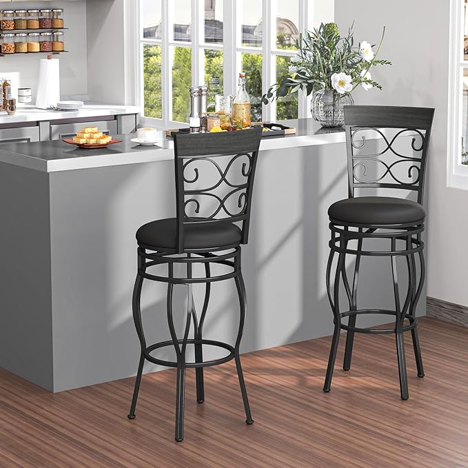 Giantex 30" Swivel Bar Stools Set of 2, Bar Height Bar Stools with Back, Upholstered PU Leather Seat, Footrest, Max Load 330Lbs, Vintage Metal Barstools for Kitchen Island, Dining Room, Pub, Black