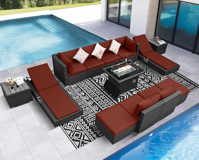 NICESOUL 13 Piece Wicker Patio Set with Chaise Lounge, XL Size 10-Seaters Outdoor Sectional Furniture with Long Firepit Suitable for Natural Gas/Propane, All Weather Heavy Duty Outside Sofas, Grey&Red