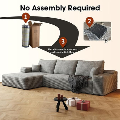 107.5" Boneless L-Shaped Modular Sectional Sofa Couches for Living Room, Corduroy Upholstered Couch with Deep Seat, Large 2-Seater Cloud Sectional Couch, No Assembly, (Grey, Left Facing Chaise)