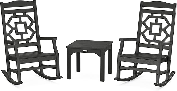 Martha Stewart by POLYWOOD Chinoiserie 3-Piece Outdoor Rocking Chair Set with Patio Side Table, Black, HDPE All-Weather Furniture, Classic Porch Rockers for Deck, Garden & Backyard, Made in The USA