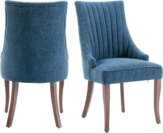 mikibama Linen Dining Chairs Set of 2 Channel Tufted Kitchen Dinner Chair Comfy Fabric Upholstered Accent Chair for Dining Room with Solid Wood Legs (Blue)