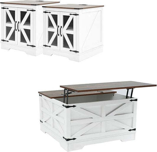 Farmhouse Coffee Table Set of 3, 1 Lift Top Coffee Table with Sliding Barn Doors and 2 End Tables with Charging Station, Living Room Table Set for Home Office, White