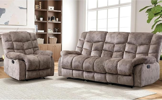 EBELLO Manual Recliner Couch Set, Soft Fabric Reclining Living Room Sofa Set, Includes Single Recliner Chair and 3PC Bonded Sofa, Light Brown