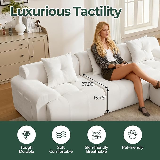 129.23”Modular Sectional Couch for Living Room, Modren L-Shape Cloud Sectional 4-Seater Sofa with 2 Movable Ottomans, Woven Texture Upholstery Boneless Couch, No Assembly, Beige