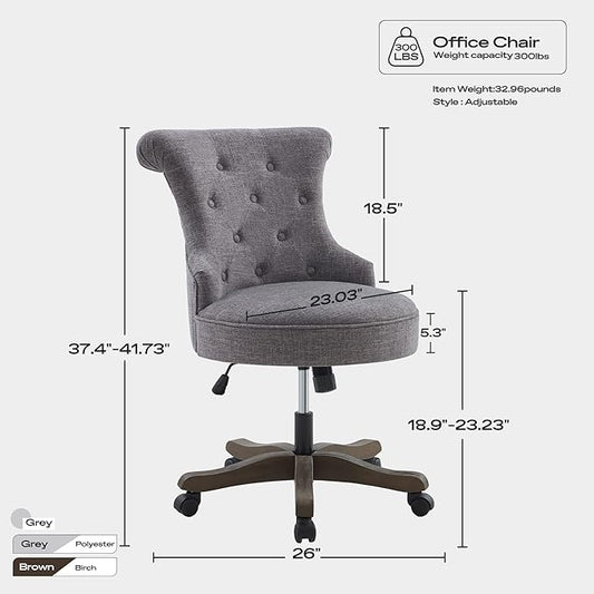 Home Office Chair Adjustable Height Swivel Chair with Wheels Linen Fabric Upholstered Computer Desk Chair with Wooden Legs Comfortable Armless Chair for Home Office Study Studio(Grey)