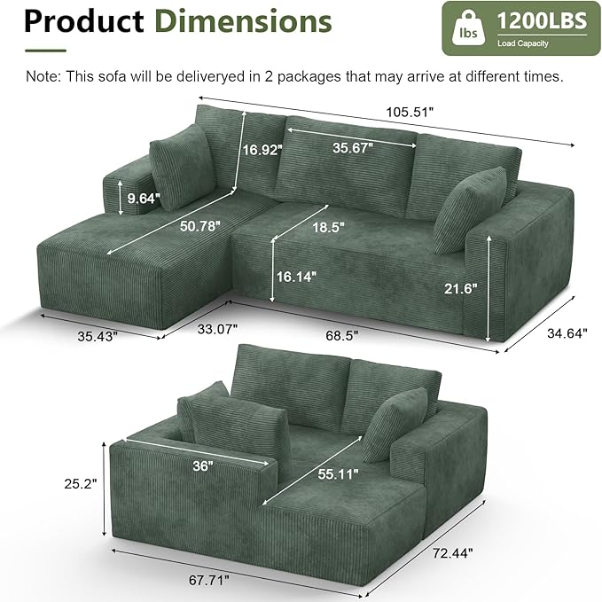 108” Cloud Sectional Couch, Modular Sectional Sofa with Deep Seat, Corduroy Boneless Couches with Chaise for Living Room Bedroom, No Assembly Required