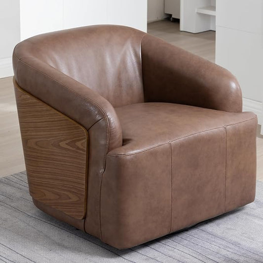 Genuine Leather Swivel Accent Chair Swivel Barrel Chair Comfortable Mid Century Modern Chair Upholstered Metal Base Armchair for Living Room Bedroom Office Large Vintage Brown