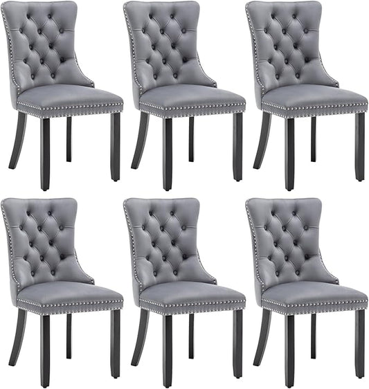 Velvet Dining Chairs Set of 6, Tufted Dining Room Chairs with Nailhead Ring Pull Trim, Upholstered Dining Chairs with Solid Wood Legs for Kitchen Dining Room (Grey)