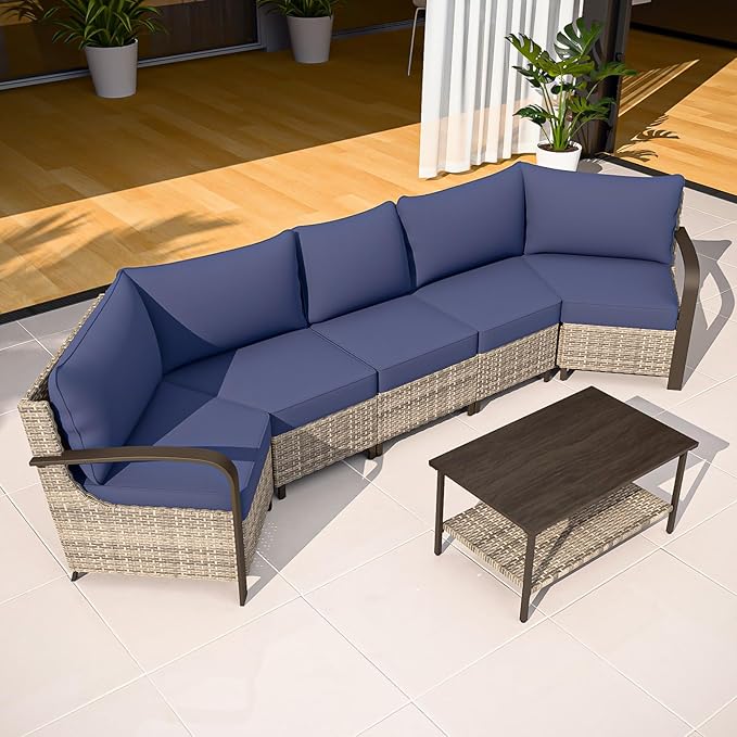 COOS BAY Aurora Terrace Half-Moon Outdoor Furniture Set, Rattan Conversation Set with Curved 5-Seat Sofa, Coffee Table, Seats 5, Beige/Blue