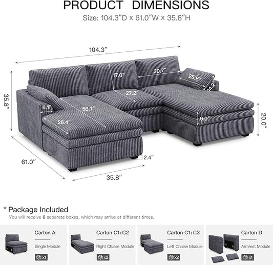 Belffin Large Modular Sectional Sofa with Double Deep Chaise, 104" Corduroy U Shaped Couch with 9" Soft Dual-Layer Seats Cushion Sectional Couches for Living Room, Apartment, Light Grey