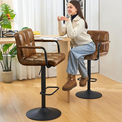 Furniliving Bar Stools Set of 2 with Back, Modern Square PU Leather Kitchen Stools with Armrest, Adjustable Counter Height Barstools for Kitchen Bar Pub Cafe (Yellowbrown)