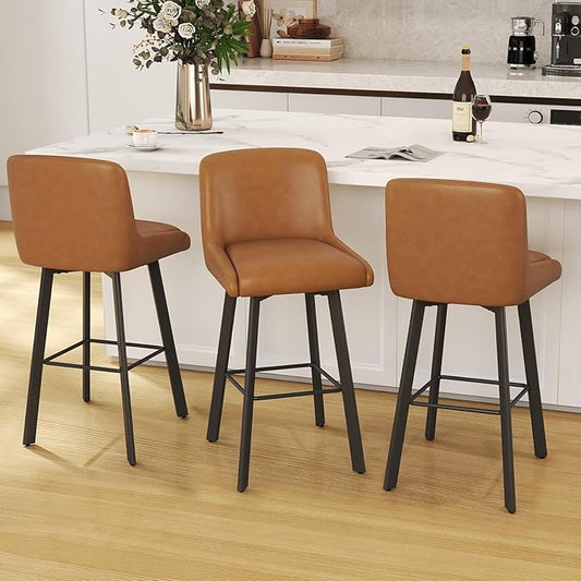 Swivel Counter Height Bar Stools Set of 3, 30''H Upholstered Barstools with Backs, Modern Bar Stool Chairs for Kitchen Island, Metal Legs, Faux Leather, Whiskey Brown Stools Counter Chair