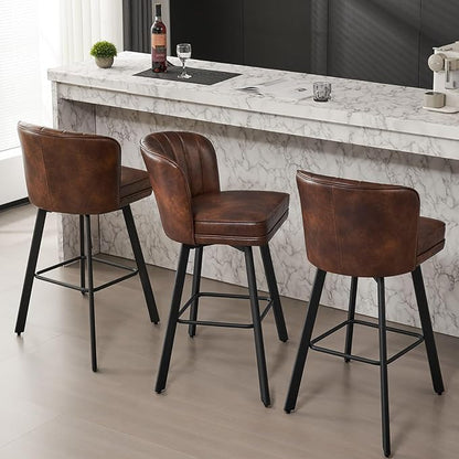 Swivel Counter Height Bar Stools Set of 4, 30'' Modern Barstools with Backs and Metal Legs, Upholstered Bar Chairs, Faux Leather Brown Stools for Kitchen Island Chairs