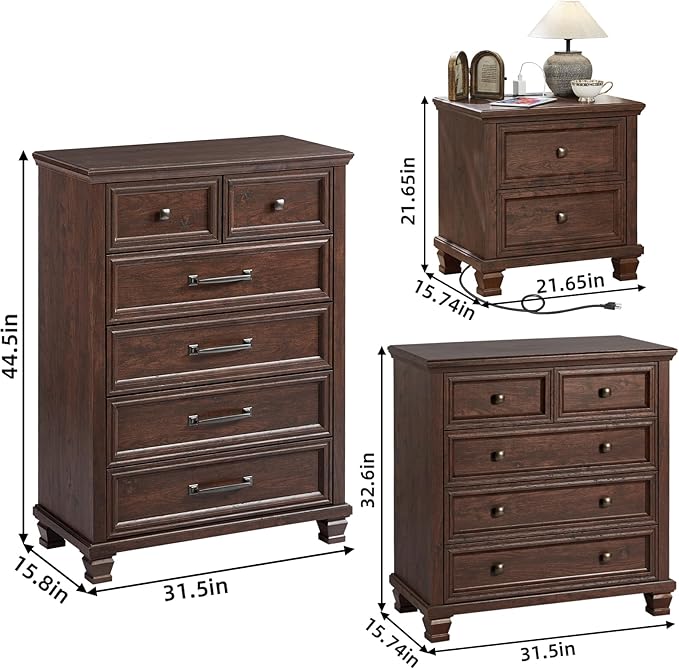 Farmhouse Bedroom Dresser and Nightstand Set of 4, 6 Drawer Tall & 5 Drawers Dresser & 2 Drawer Nightstand Set, Rustic Wood Bedroom Furniture Set for Livingroom, Hallway, Walnut