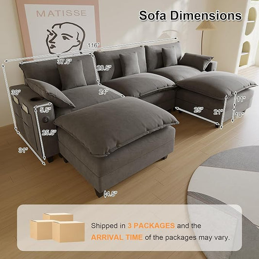 Cloud Couch, Modular Sectional Sofa with Ottoman, Charging Station, Throw Pillows, Cup Holders, Modern Convertible L Shaped Couches for Living Room, Bedroom (Grey, 116"- U Shape)