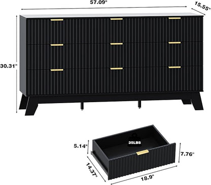 Fluted Dresser for Bedroom with 9 Drawers, 57" Mid Century Modern Dresser of Closet TV Stand, Nature Wood Dressers with Gold Handle, Boho Closet Wide Modern Chest of Drawers, Black