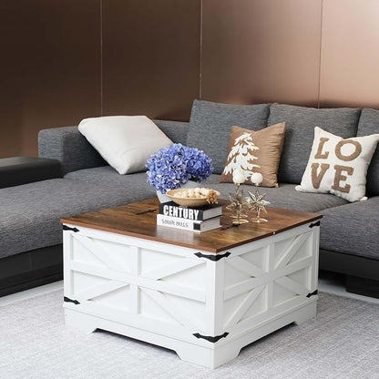 Farmhouse Coffee Table Set of 3, Lift Top Coffee Table with Sliding Barn Doors and End Tables Set of 2 with Charging Station, Living Room Table Set for Home Office, White