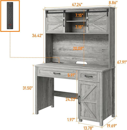 Farmhouse 47" Executive Computer Desk with 2 Drawers and Storage Cabinet, Home Office Desk with Hutch and Charging Station, Workspace for Work and Study (Grey).