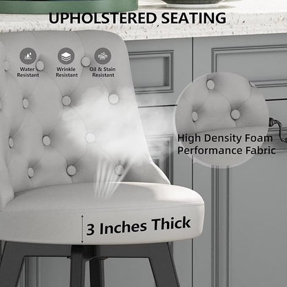 MINCETA Set of 2 Upholstered Bar Stools - 26 Inch Swivel Counter Height Stools with Low Tufted Back, Footrest & Performance Fabric - Round Seat for Kitchen Island & Home Bar Light Gray