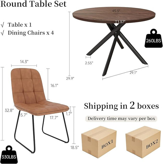 45.3 Inch Round Dining Table Set for 4, Mid Century Modern Small Coffee Set for Dining Room Kitchen Apartment (Dark Walnut Table + 4 U-Shaped Brown Chairs)