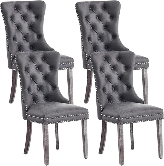 Leather Dining Chair Set of 4, Dining Room Chairs with Nailhead Ring Pull Trim, Upholstered Dining Chairs with Solid Wood Legs for Kitchen Dining Room (Grey)