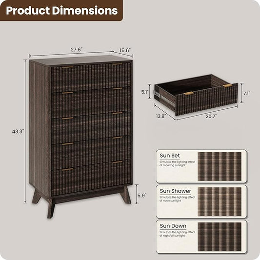 43'' Hight 5 Drawers Dresser for Bedroom,Modern Fluted Vertical Chest with Rounded Corners,Fluted Dresser for Living Room,Hallway, Walnut
