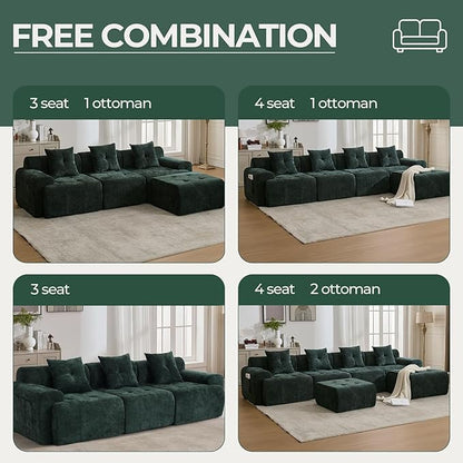 129.23”Modular Sectional Couch for Living Room, Modren L-Shape Cloud Sectional 4-Seater Sofa with 2 Movable Ottomans, Woven Texture Upholstery Boneless Couch, No Assembly, Green