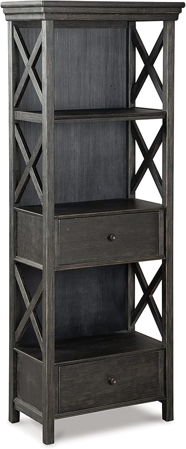 Signature Design by Ashley Tyler Creek Casual Farmhouse 75" Display Cabinet or Bookcase with Drawers and Shelf, Open Lattice Sides, Wood, Gray Black Finish