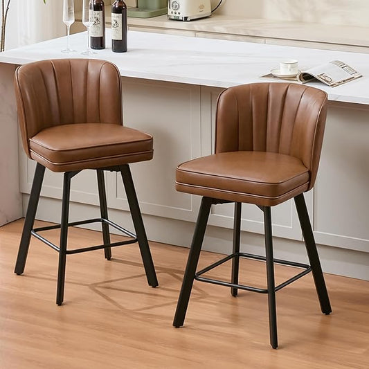 Swivel Counter Height Bar Stools Set of 2, 26'' Modern Barstools with Backs and Metal Legs, Upholstered Bar Chairs, Faux Leather Dark Brown Stools for Kitchen Island Chairs