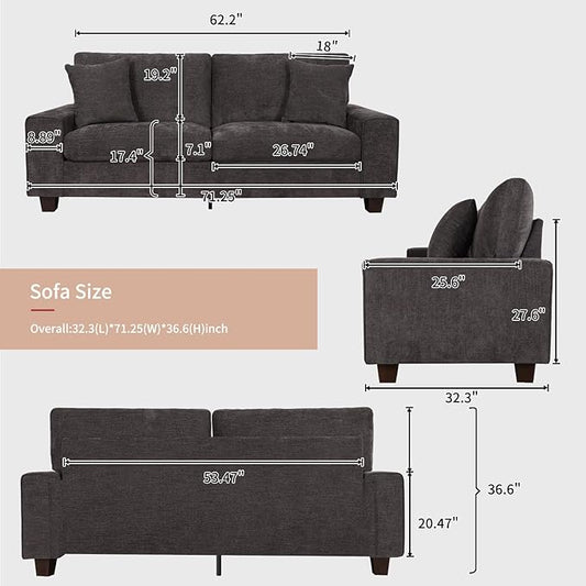 DOPEDIO Modern Loveseat Sofa for Living Room,Chenille Recliner, Removable Cover, Spring Cushions, Solid Wood Frame, Easy Assembly for Small Spaces (71.25inch，Dark Grey)