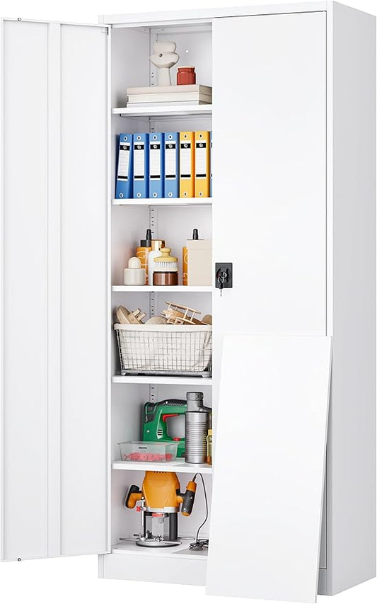 SISESOL Wide & Deep Metal Storage Storage Cabinet with 5 Adjustable Shelves,White Metal Cabinet with Lock,Steel Pantry Cabinets,72" Lockable Cabinets for Home,Office,Garage,Kitchen,Shop
