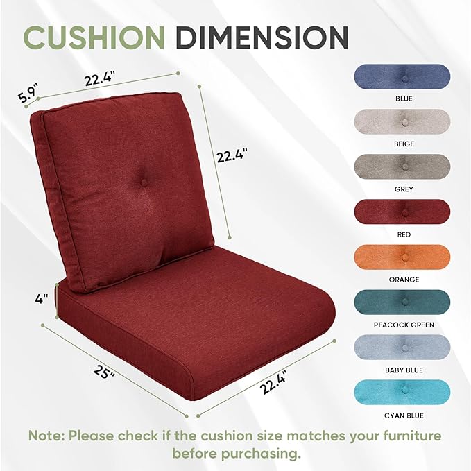 Outdoor Chair Cushion Set of 2, Waterproof Outdoor Seat Cushions 25x22, Patio Chair Cushions for Outdoor Furniture, Couch Cushion Replacement, Include 2 Back & 2 Seat Cushions, Button/Red