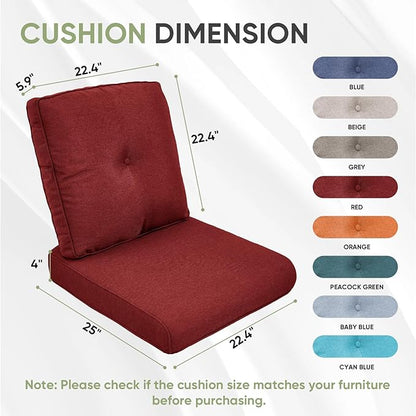 Outdoor Chair Cushion Set of 2, Waterproof Outdoor Seat Cushions 25x22, Patio Chair Cushions for Outdoor Furniture, Couch Cushion Replacement, Include 2 Back & 2 Seat Cushions, Button/Red