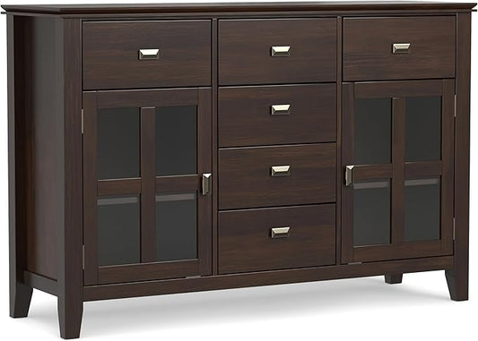 SIMPLIHOME Artisan Buffet - 54 inch Wide Solid Wood 3-Door Sideboard Buffet in Dark Chestnut Brown, Transitional Storage Cabinet for Dining Room or Kitchen with Adjustable Shelves and Bronze Hardware